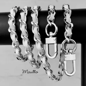 Classic Curb Chain with Diamond Cut Accents, Silver-tone Finish, Leather Woven Through - 3/8 inch (9mm) Wide Luxury Strap - Blue, Green & White Colors