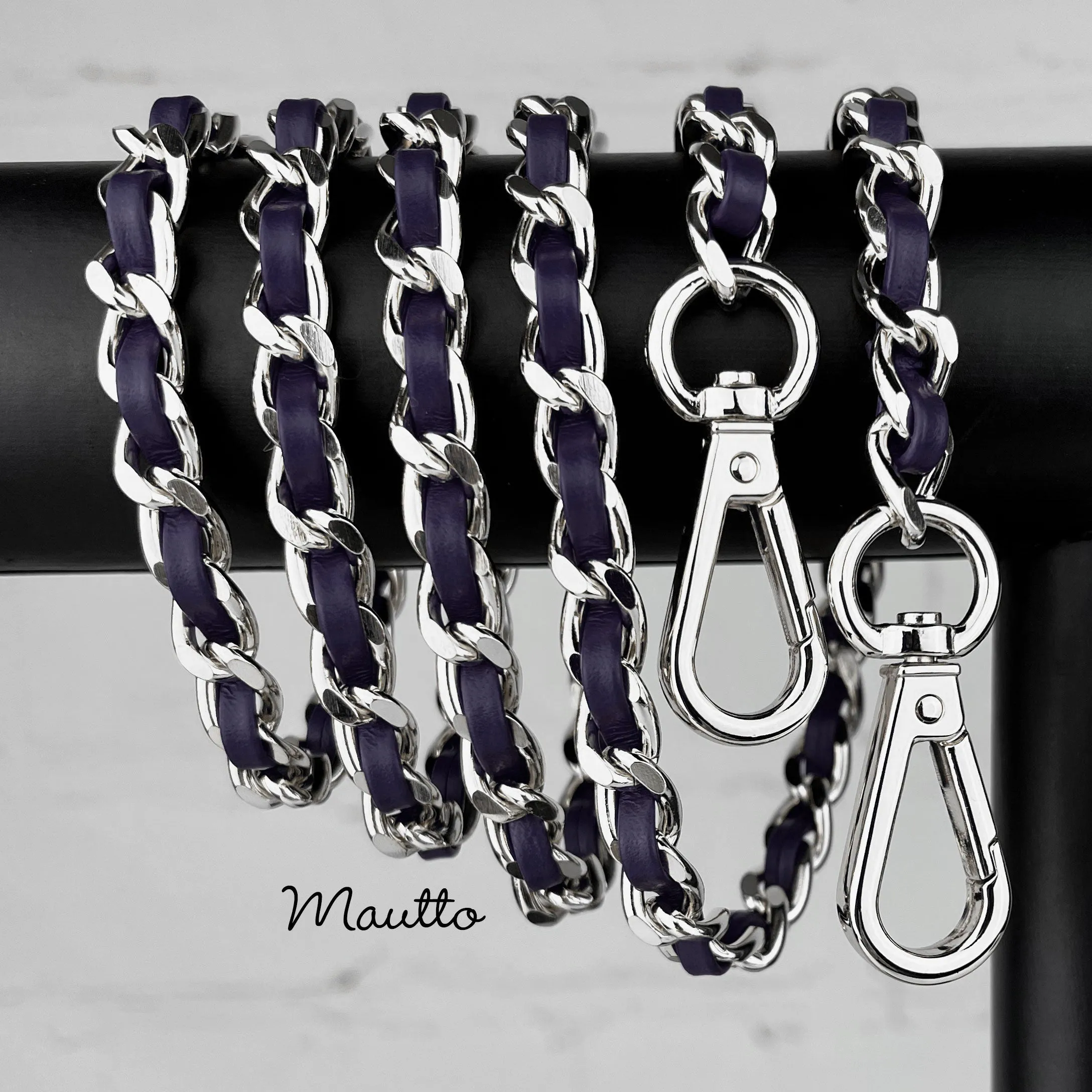 Classic Curb Chain with Diamond Cut Accents, Silver-tone Finish, Leather Woven Through - 3/8 inch (9mm) Wide Luxury Strap - Blue, Green & White Colors