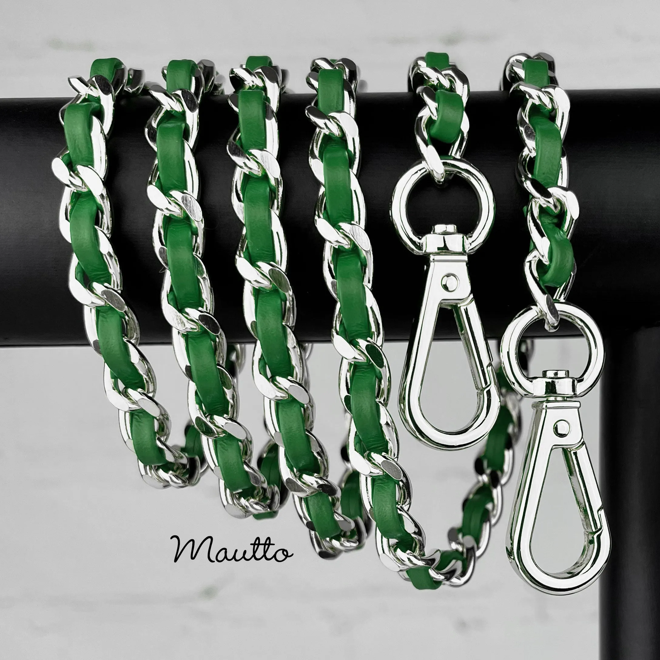 Classic Curb Chain with Diamond Cut Accents, Silver-tone Finish, Leather Woven Through - 3/8 inch (9mm) Wide Luxury Strap - Blue, Green & White Colors