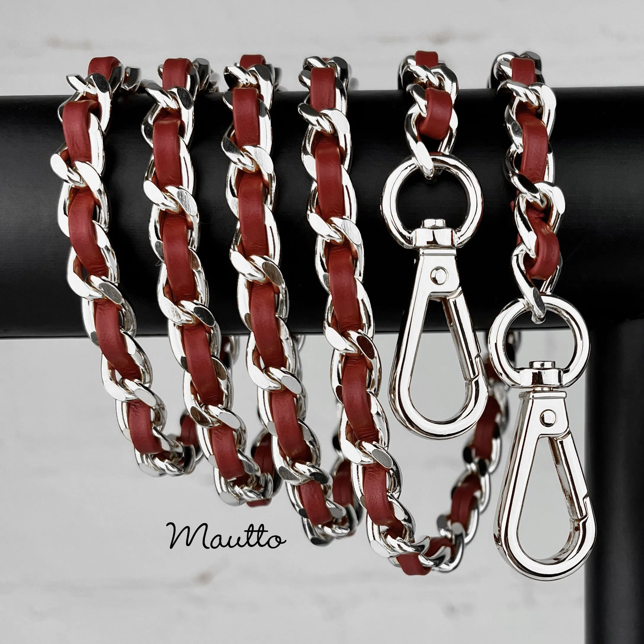 Classic Curb Chain with Diamond Cut Accents, Silver-tone Finish, Leather Woven Through - 3/8 inch (9mm) Wide Luxury Strap - Red & Pink Colors
