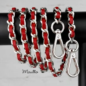 Classic Curb Chain with Diamond Cut Accents, Silver-tone Finish, Leather Woven Through - 3/8 inch (9mm) Wide Luxury Strap - Red & Pink Colors