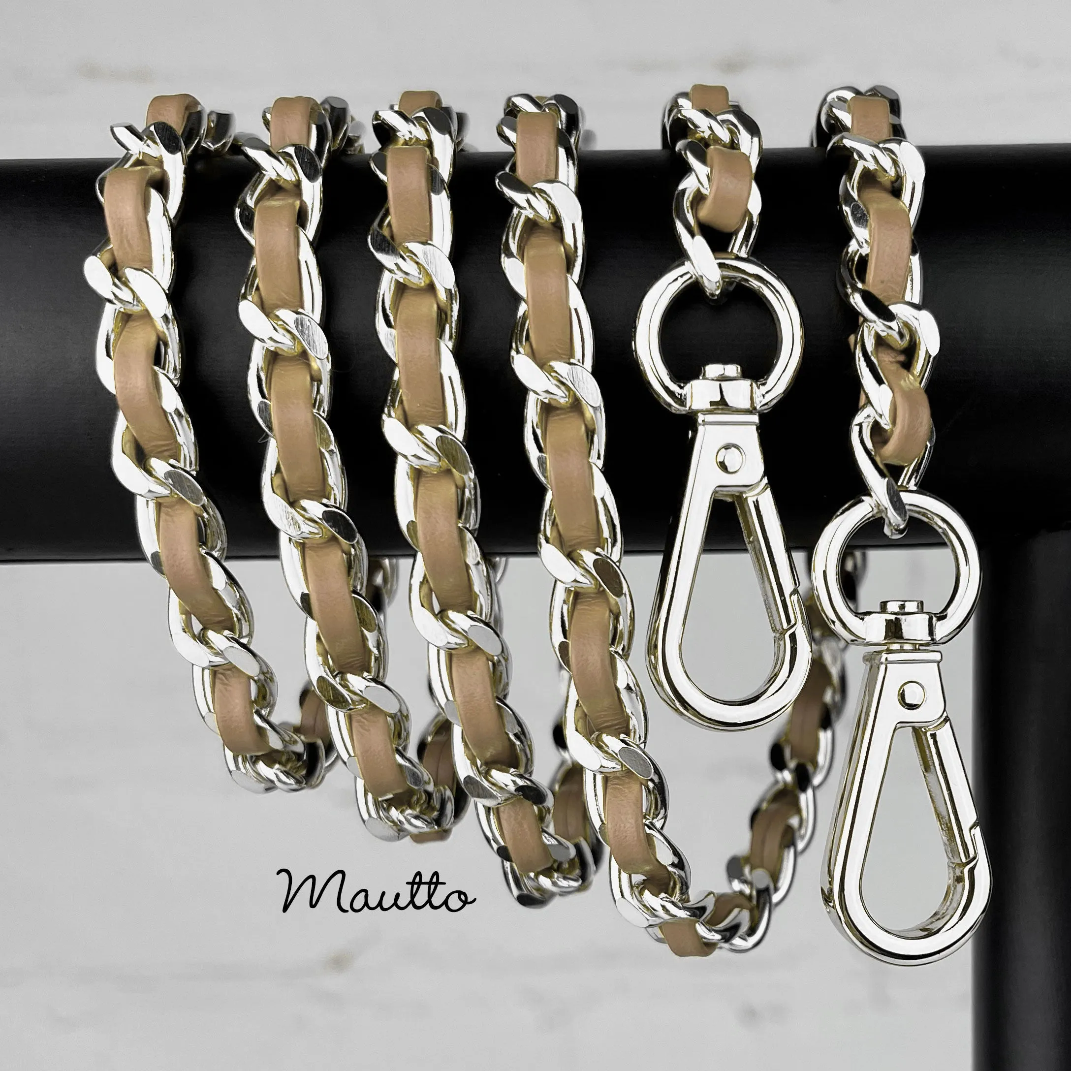 Classic Curb Chain with Diamond Cut Accents, Silver-tone Finish, Leather Woven Through - 3/8 inch (9mm) Wide Luxury Strap - Tan Colors