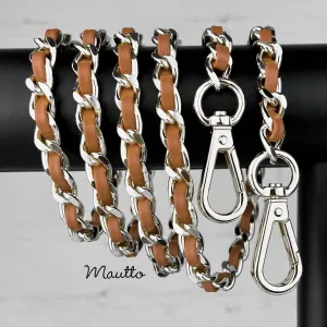 Classic Curb Chain with Diamond Cut Accents, Silver-tone Finish, Leather Woven Through - 3/8 inch (9mm) Wide Luxury Strap - Tan Colors
