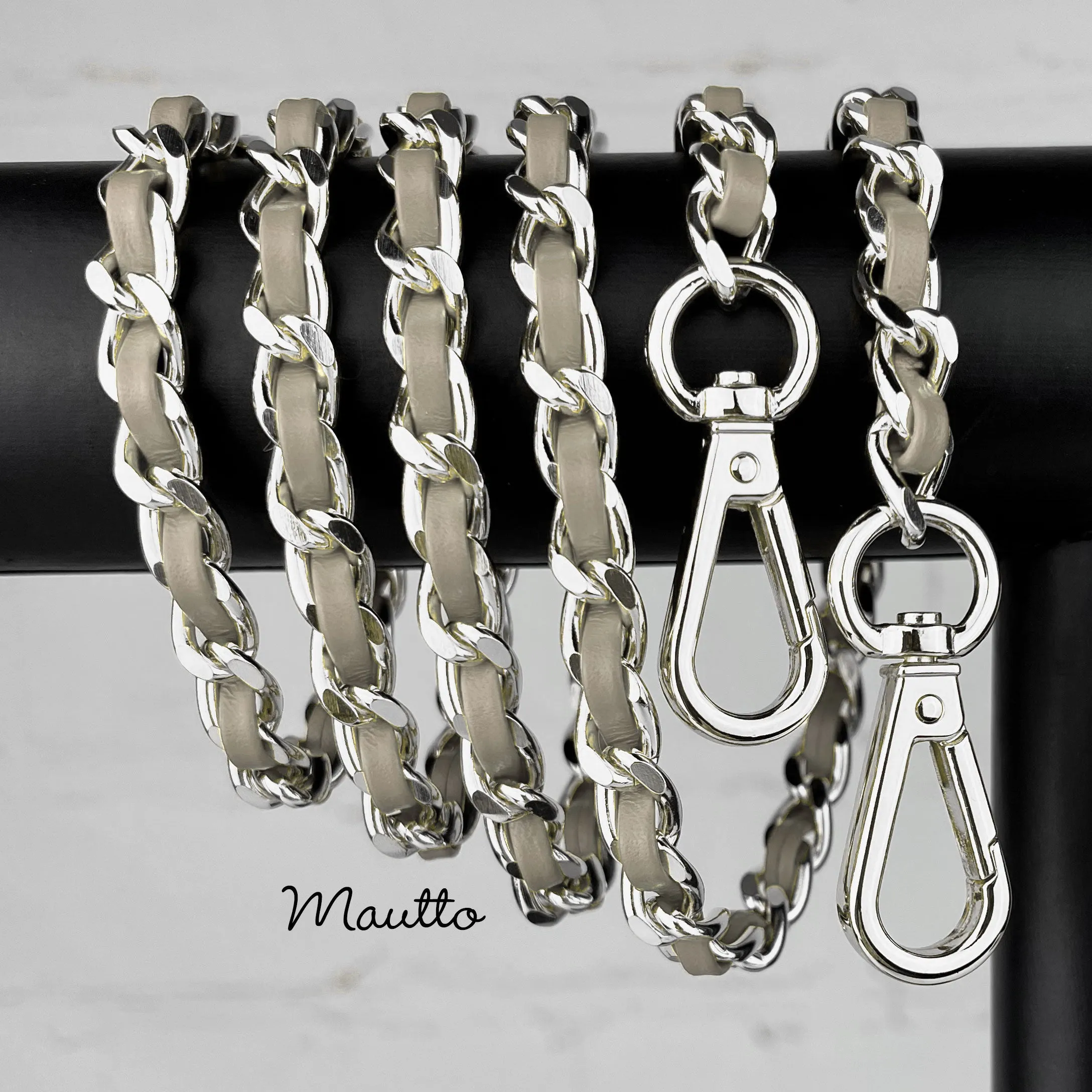 Classic Curb Chain with Diamond Cut Accents, Silver-tone Finish, Leather Woven Through - 3/8 inch (9mm) Wide Luxury Strap - Tan Colors