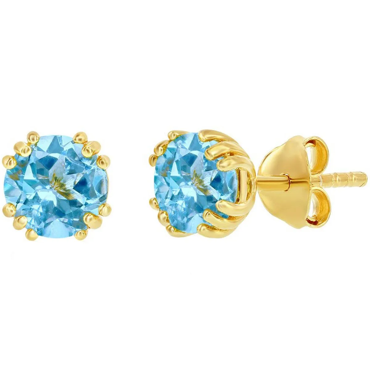 Classic Women's Earrings - Gold Plated March Birthstone Round Shape 6mm Stud | D-8276