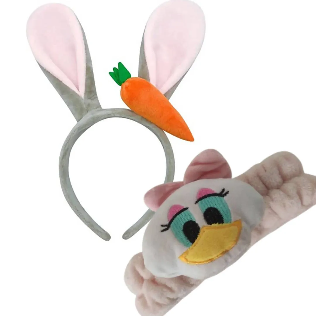 Combo of Cute Rabbit Ears Headband Bunny Ear with Carrot Hairband & Duck Cartoon Hair Tiara Elastic Wash Hair Band