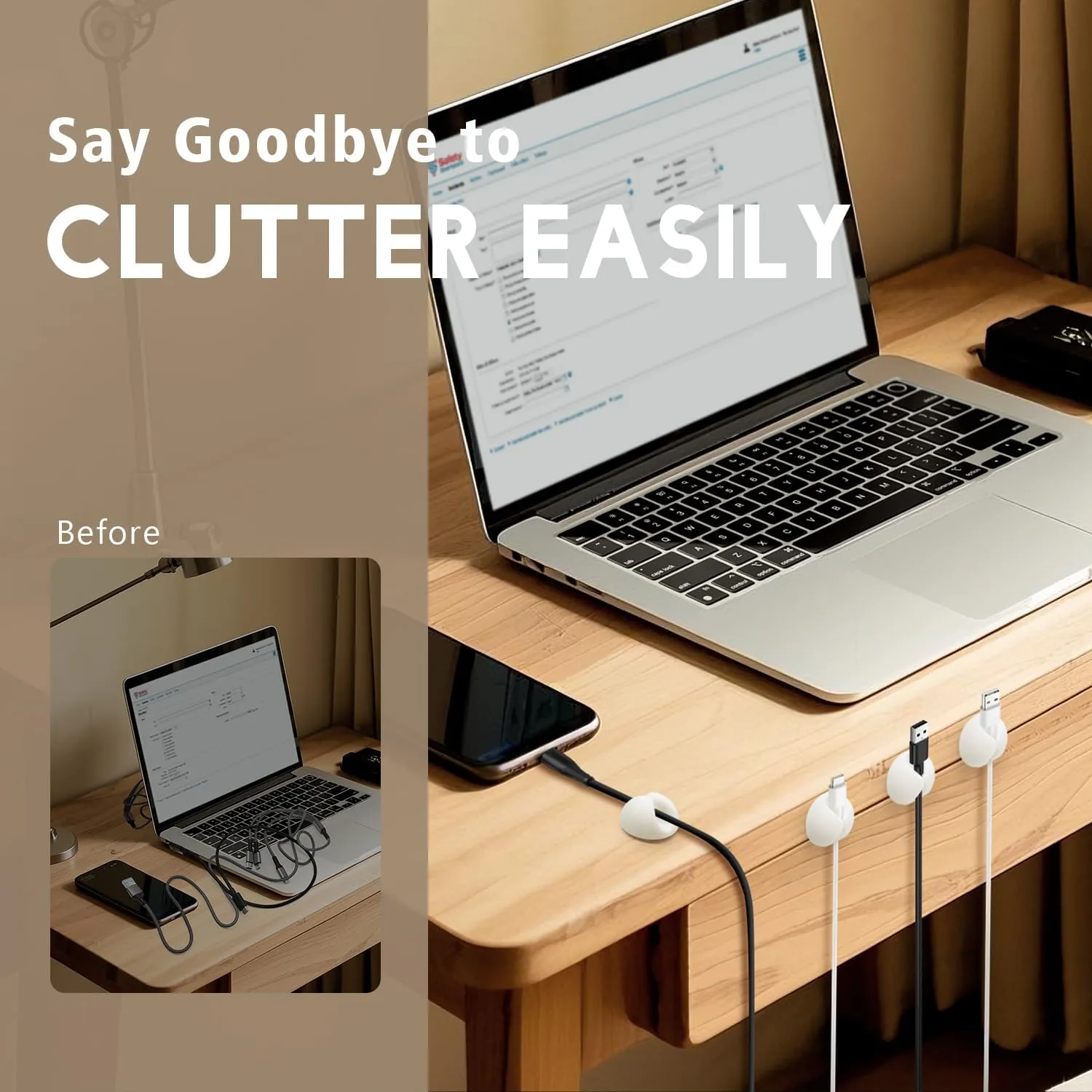 Cord Organizer Cable Clip, Cord Holder Wire Organizer, Cable Management for Phone Charger, Desk, Wall, Nightstand and Office, White 9 PCS