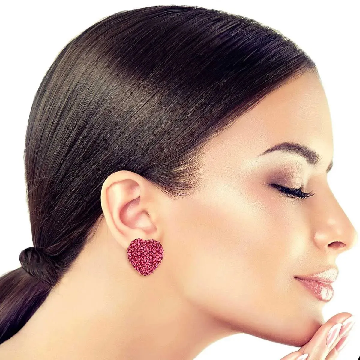 Earrings Pink Rhinestones Heart Shape Studs