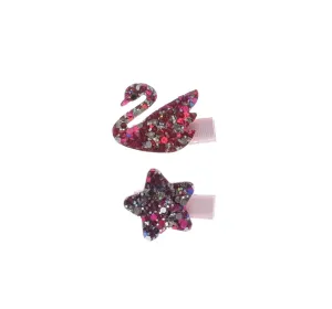 Fuchsia / Silver Glittered Star & Swan Set Hair Clip