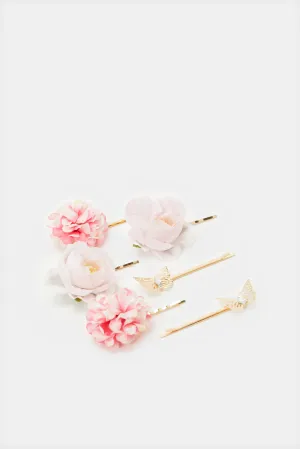 Girls Pink Flower Hair Clip Set (Pack of 6)