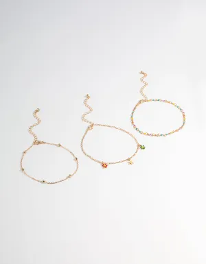 Gold Three Layer Flower Multi Anklet
