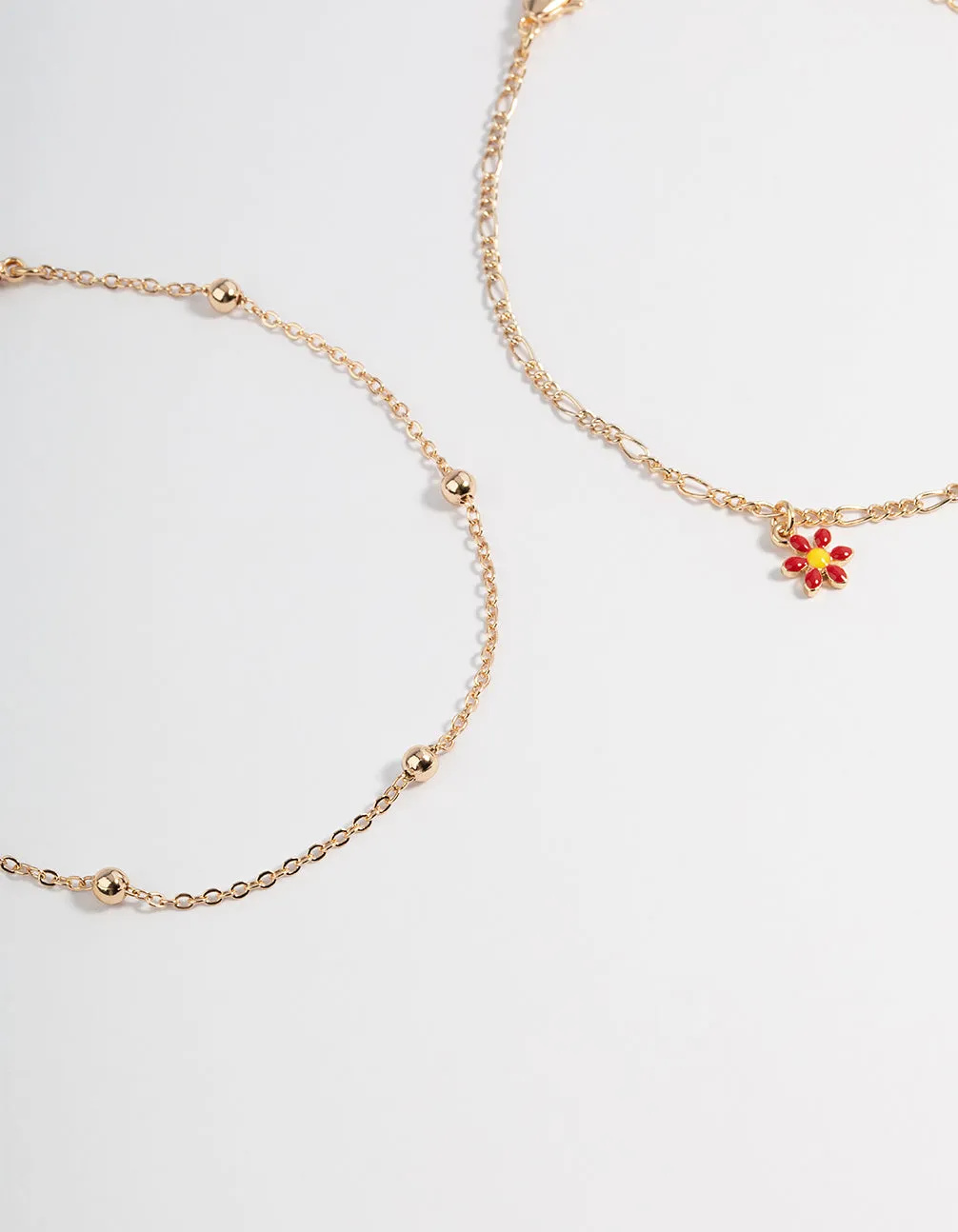 Gold Three Layer Flower Multi Anklet
