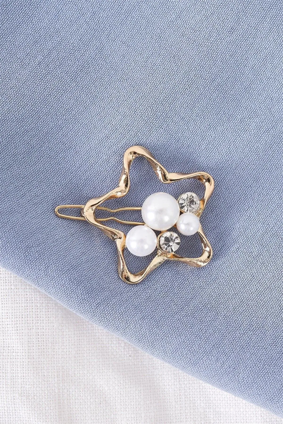 Gold Twisted Star Shaped Pearl & Faux Diamond Detail Hair Clip /3 Pieces