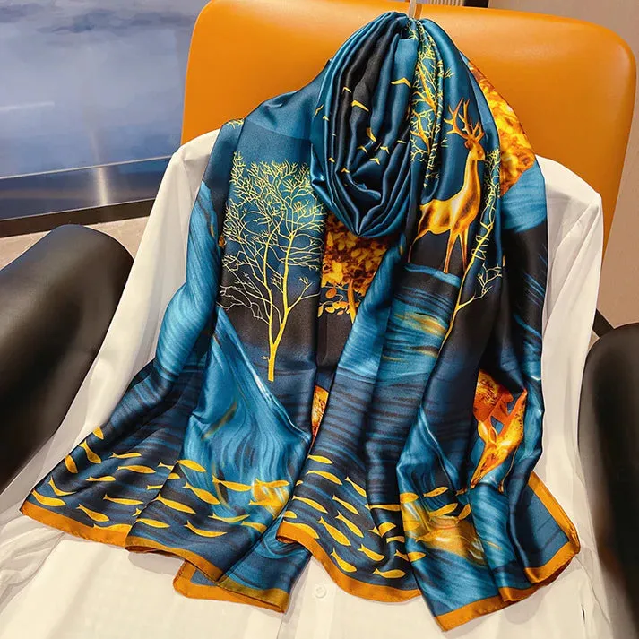 Golden Deer Print Silky Satin Summer Scarf Wrap for Women