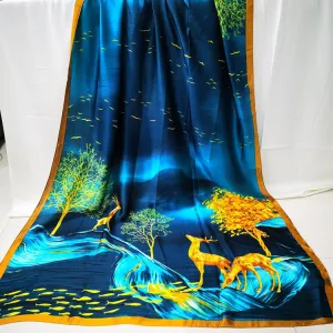 Golden Deer Print Silky Satin Summer Scarf Wrap for Women