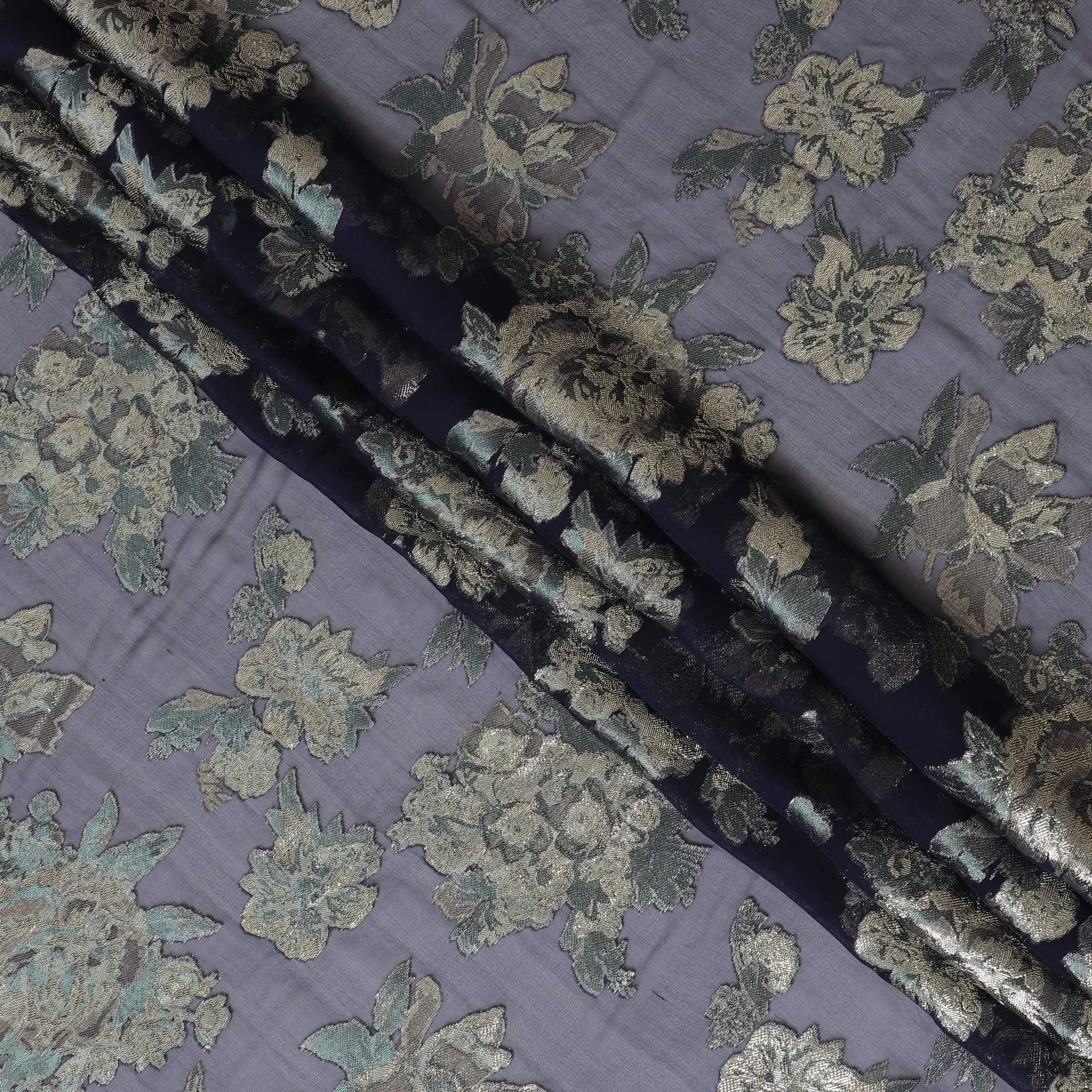 Graphite black Floral Premium pure silk Chiffon Fabric with golden metallic lurex, 110cm Wide â€“ South Korean Luxury Textile-D17676