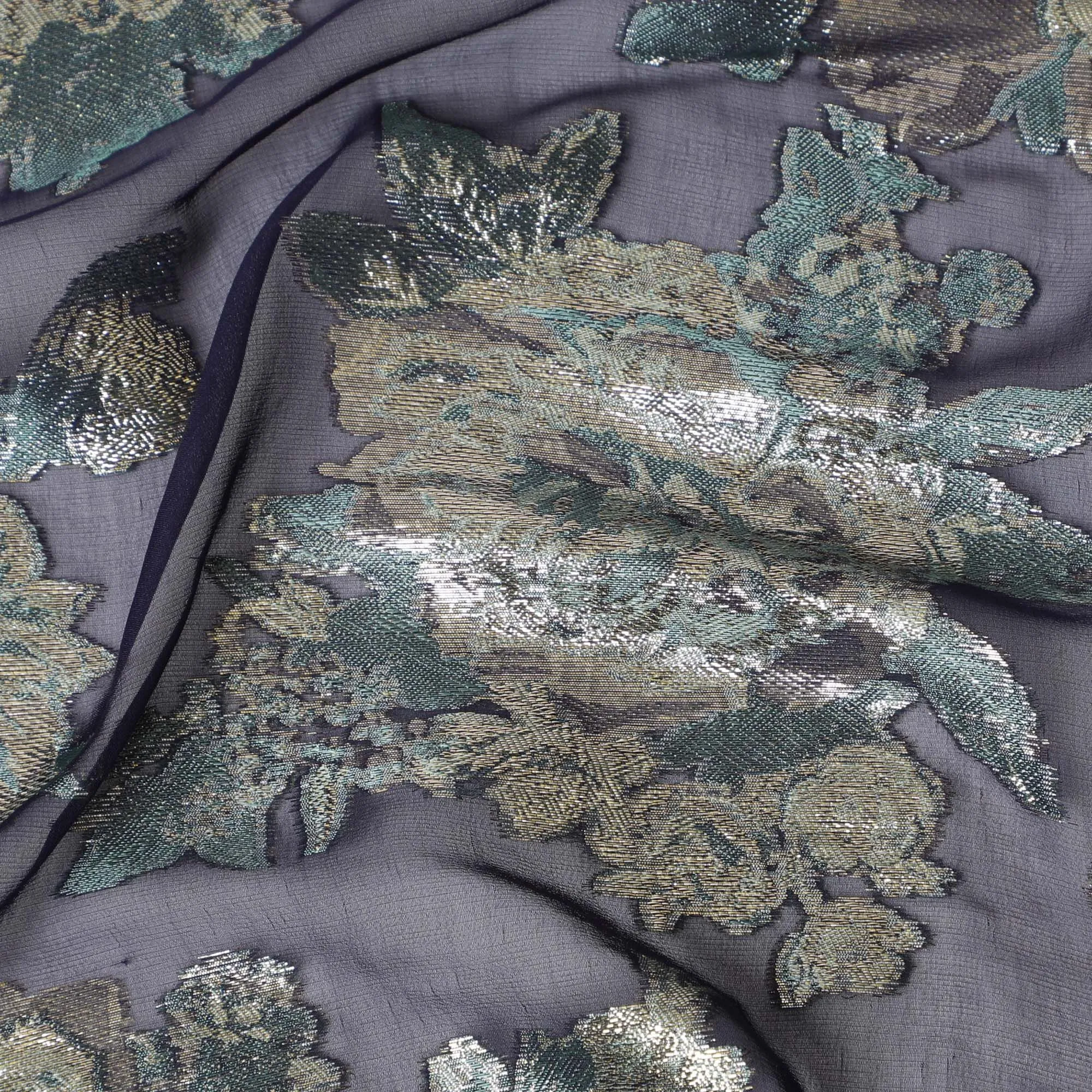 Graphite black Floral Premium pure silk Chiffon Fabric with golden metallic lurex, 110cm Wide â€“ South Korean Luxury Textile-D17676