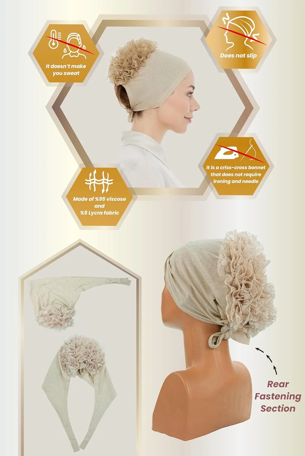 ihvan online Hijab Cap, Head Scarf Beanie, Volumizing Non Slip Head Wraps for Women, Hijab Undercap with Tie-Back Closure
