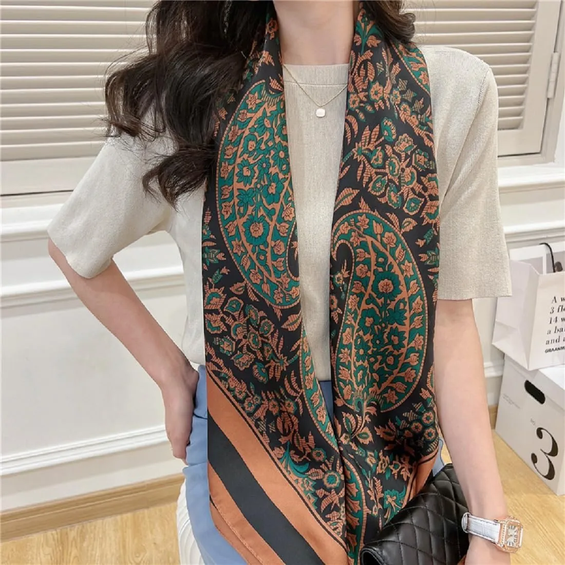 K-Elewon Large Square Scarf 43" Silk Scarf Fashion Scarves Silk Feeling Hair Wrapping Scarfs Night Sleeping Headscarf