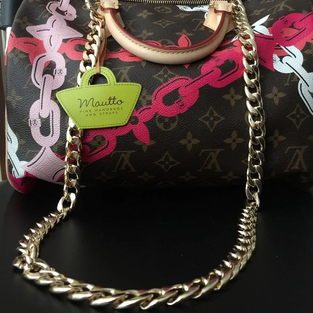 Large Flat Classy Curb Chain, Gold-tone Finish - 9/16 inch (15mm) Wide Luxury Chain Strap - Handle to Crossbody Lengths