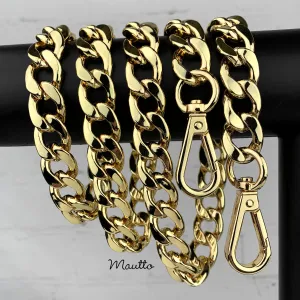 Large Flat Classy Curb Chain, Gold-tone Finish - 9/16 inch (15mm) Wide Luxury Chain Strap - Handle to Crossbody Lengths