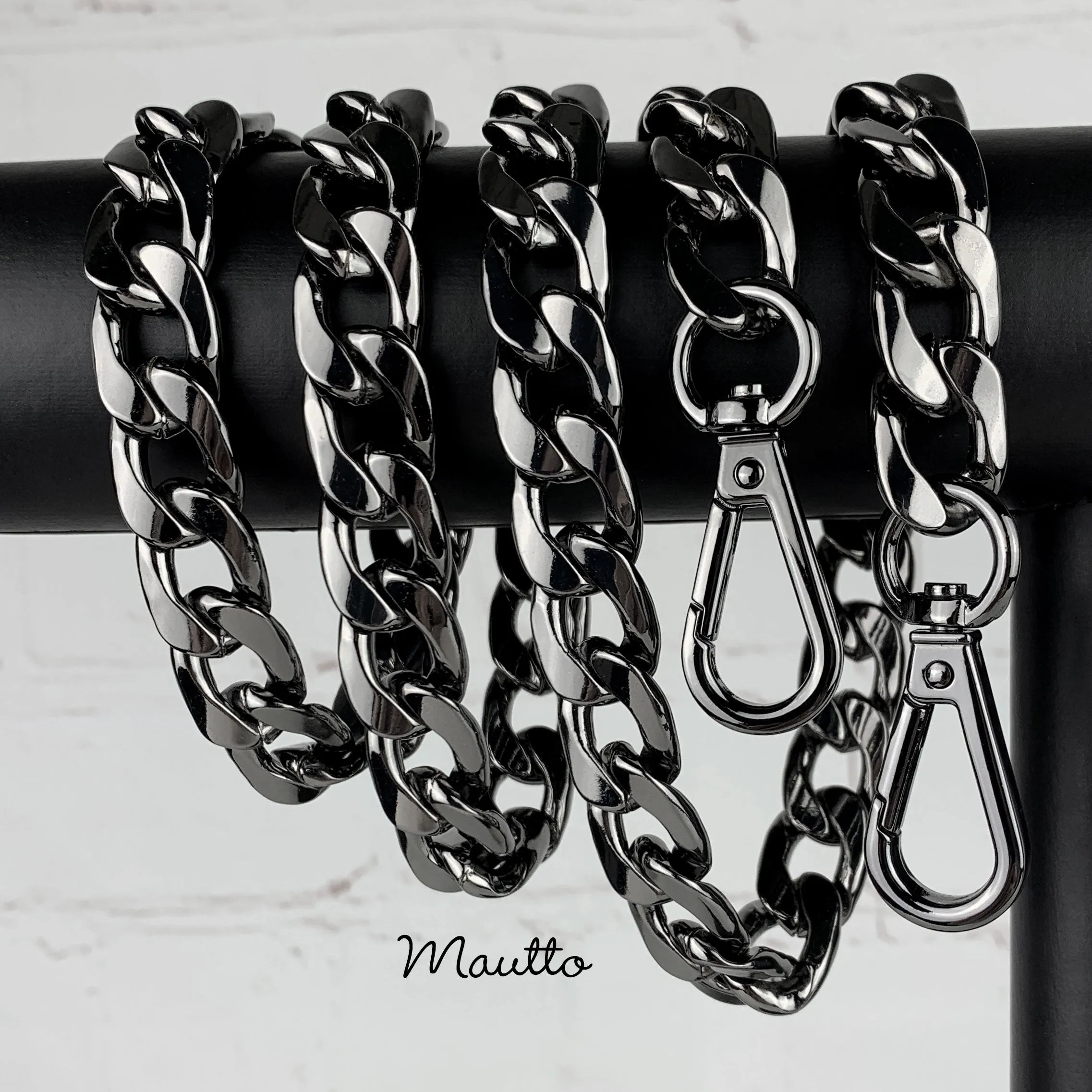 Large Flat Classy Curb Chain, Gunmetal Finish - 9/16 inch (15mm) Wide Luxury Chain Strap - Handle to Crossbody Lengths
