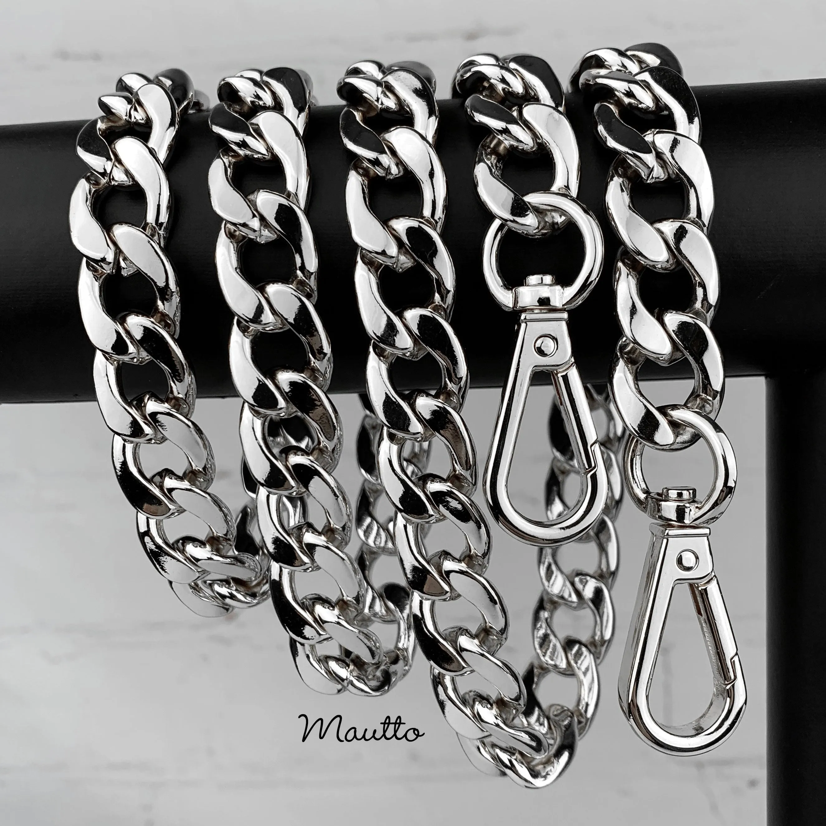 Large Flat Classy Curb Chain, Silver-tone Finish - 9/16 inch (15mm) Wide Luxury Chain Strap - Handle to Crossbody Lengths