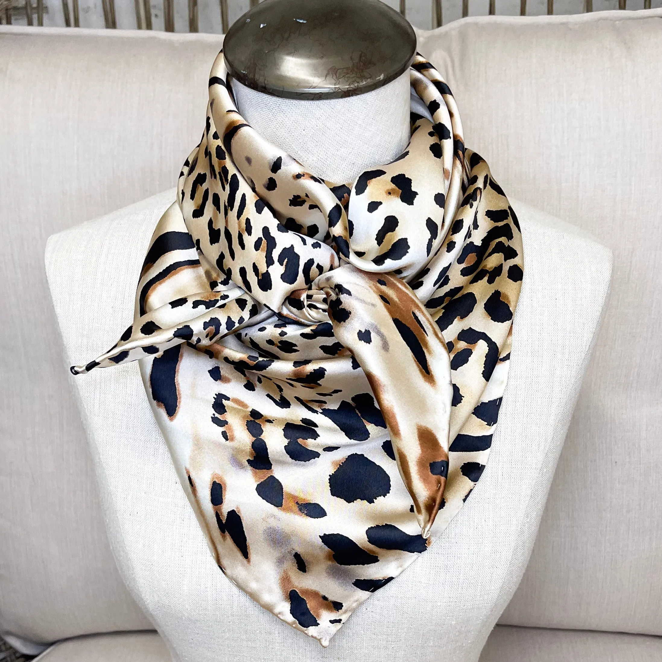 Leopard Charmeuse Silk Wild Rag in Tan