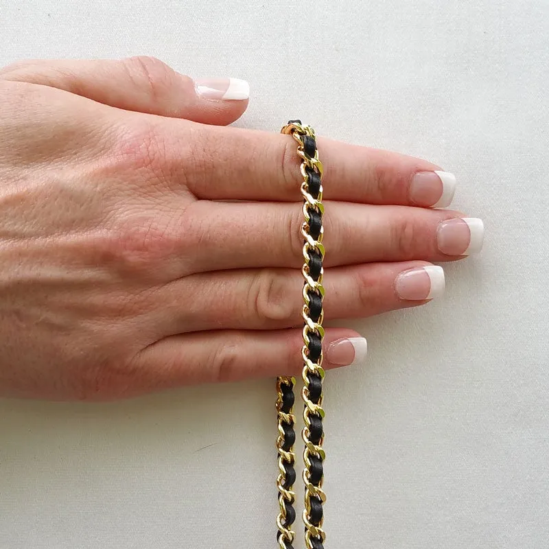 Mini Classic Curb Chain with Diamond Cut Accents, Gold-tone Finish - Black Leather Woven Through - 1/4 inch (7mm) Wide Luxury Strap