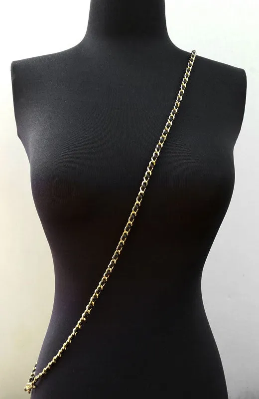Mini Classic Curb Chain with Diamond Cut Accents, Gold-tone Finish - Black Leather Woven Through - 1/4 inch (7mm) Wide Luxury Strap