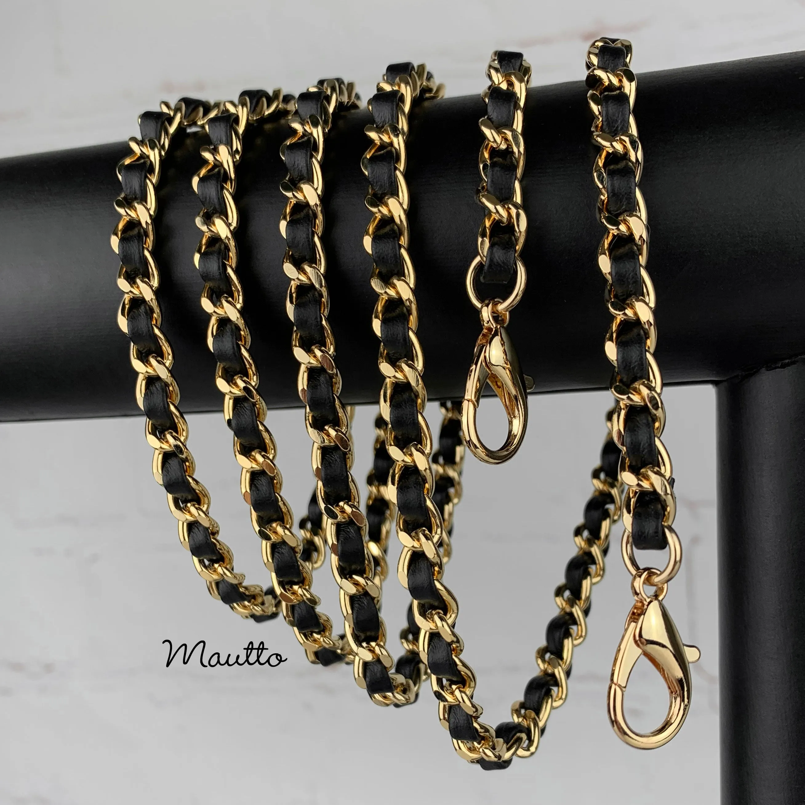 Mini Classic Curb Chain with Diamond Cut Accents, Gold-tone Finish - Black Leather Woven Through - 1/4 inch (7mm) Wide Luxury Strap