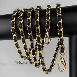 Mini Classic Curb Chain with Diamond Cut Accents, Gold-tone Finish - Black Leather Woven Through - 1/4 inch (7mm) Wide Luxury Strap
