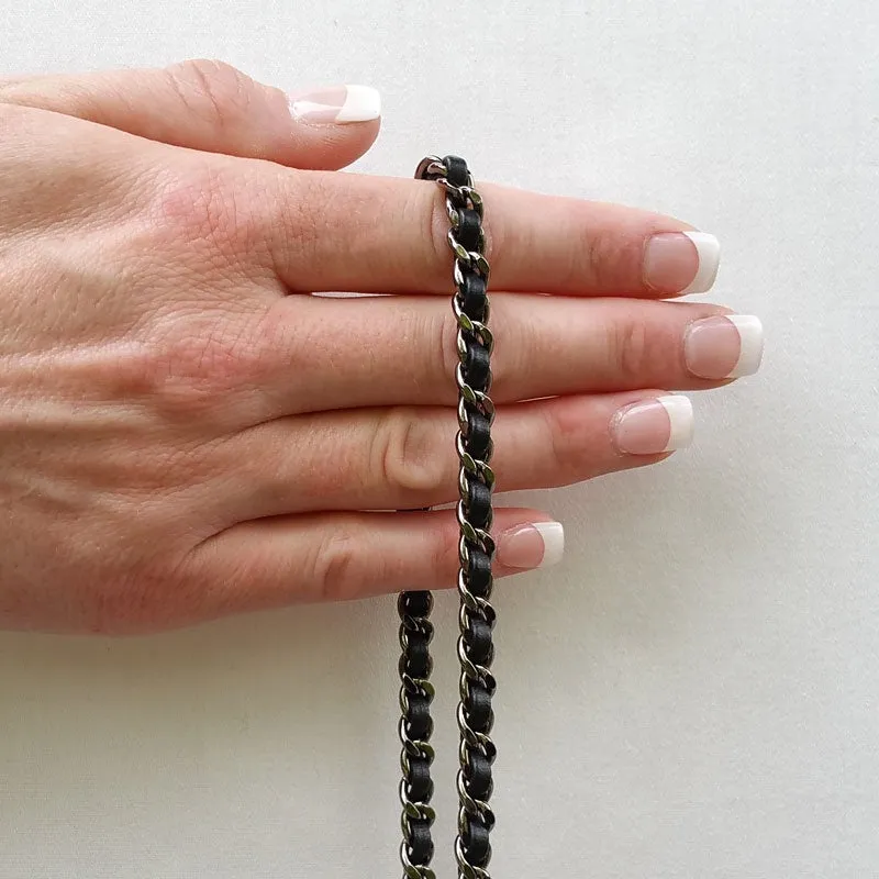 Mini Classic Curb Chain with Diamond Cut Accents, Gunmetal Finish - Black Leather Woven Through - 1/4 inch (7mm) Wide Luxury Strap