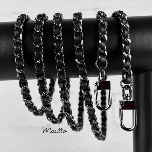 Mini Classic Curb Chain with Diamond Cut Accents, Gunmetal Finish - Black Leather Woven Through - 1/4 inch (7mm) Wide Luxury Strap