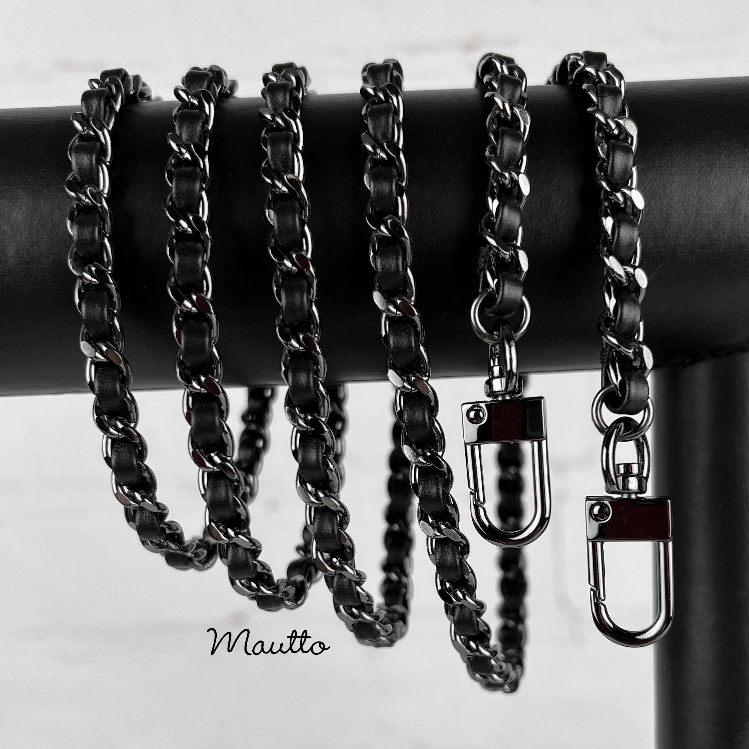 Mini Classic Curb Chain with Diamond Cut Accents, Gunmetal Finish - Black Leather Woven Through - 1/4 inch (7mm) Wide Luxury Strap