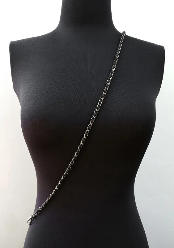Mini Classic Curb Chain with Diamond Cut Accents, Gunmetal Finish - Black Leather Woven Through - 1/4 inch (7mm) Wide Luxury Strap