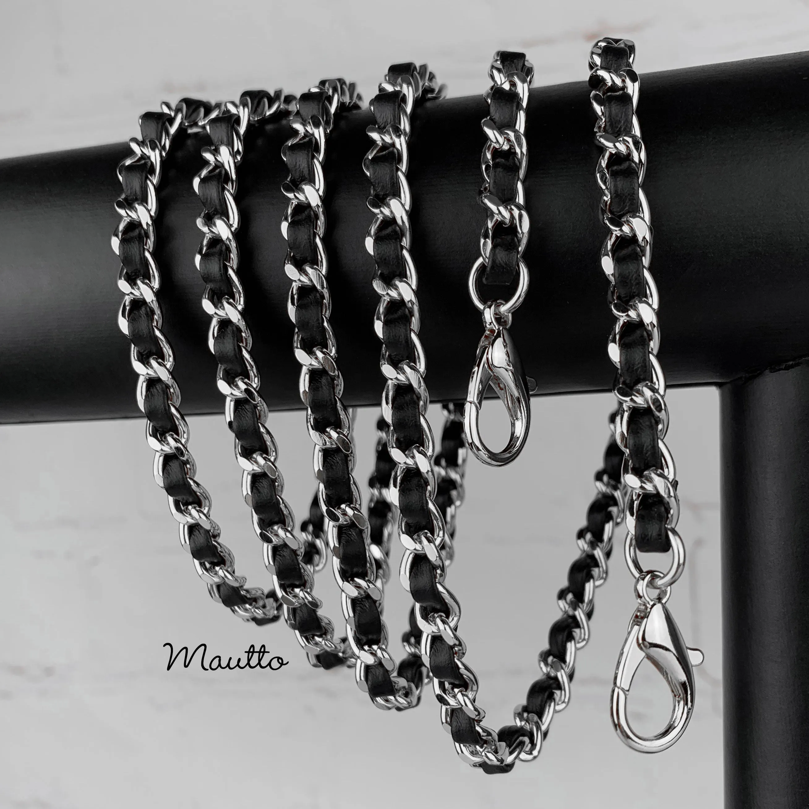 Mini Classic Curb Chain with Diamond Cut Accents, Silver-tone Finish - Black Leather Woven Through - 1/4 inch (7mm) Wide Luxury Strap