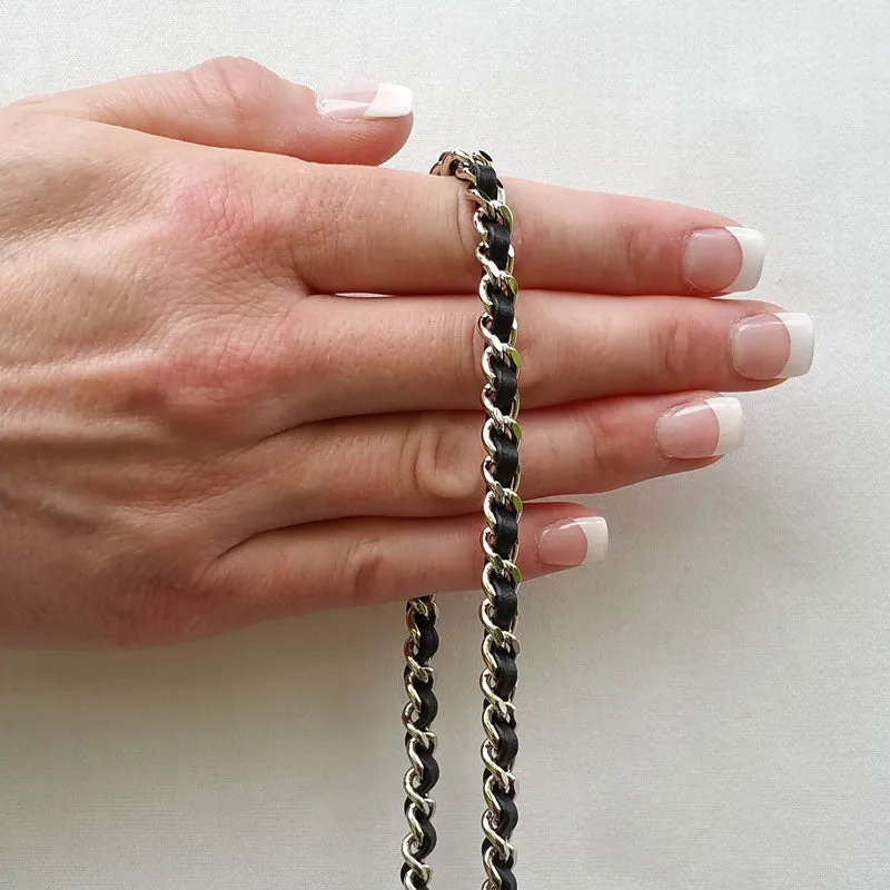 Mini Classic Curb Chain with Diamond Cut Accents, Silver-tone Finish - Black Leather Woven Through - 1/4 inch (7mm) Wide Luxury Strap
