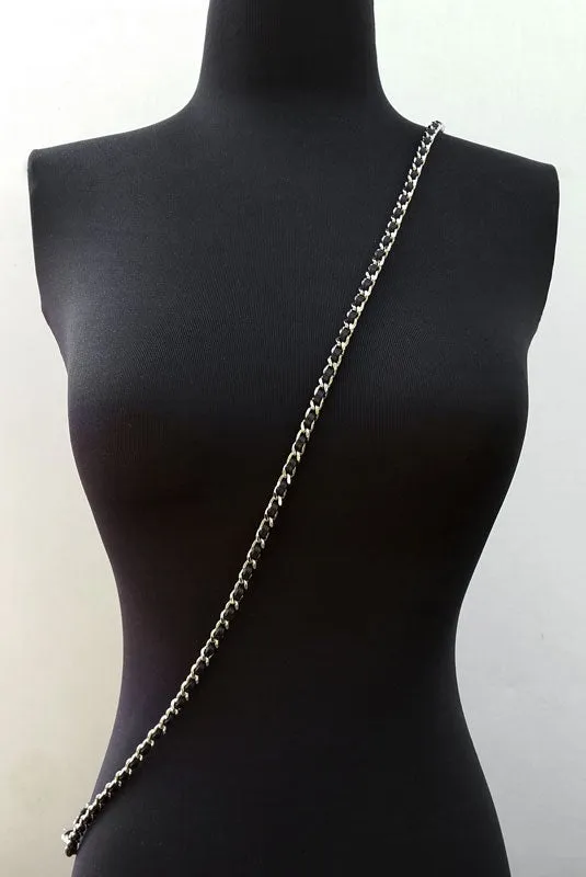 Mini Classic Curb Chain with Diamond Cut Accents, Silver-tone Finish - Black Leather Woven Through - 1/4 inch (7mm) Wide Luxury Strap