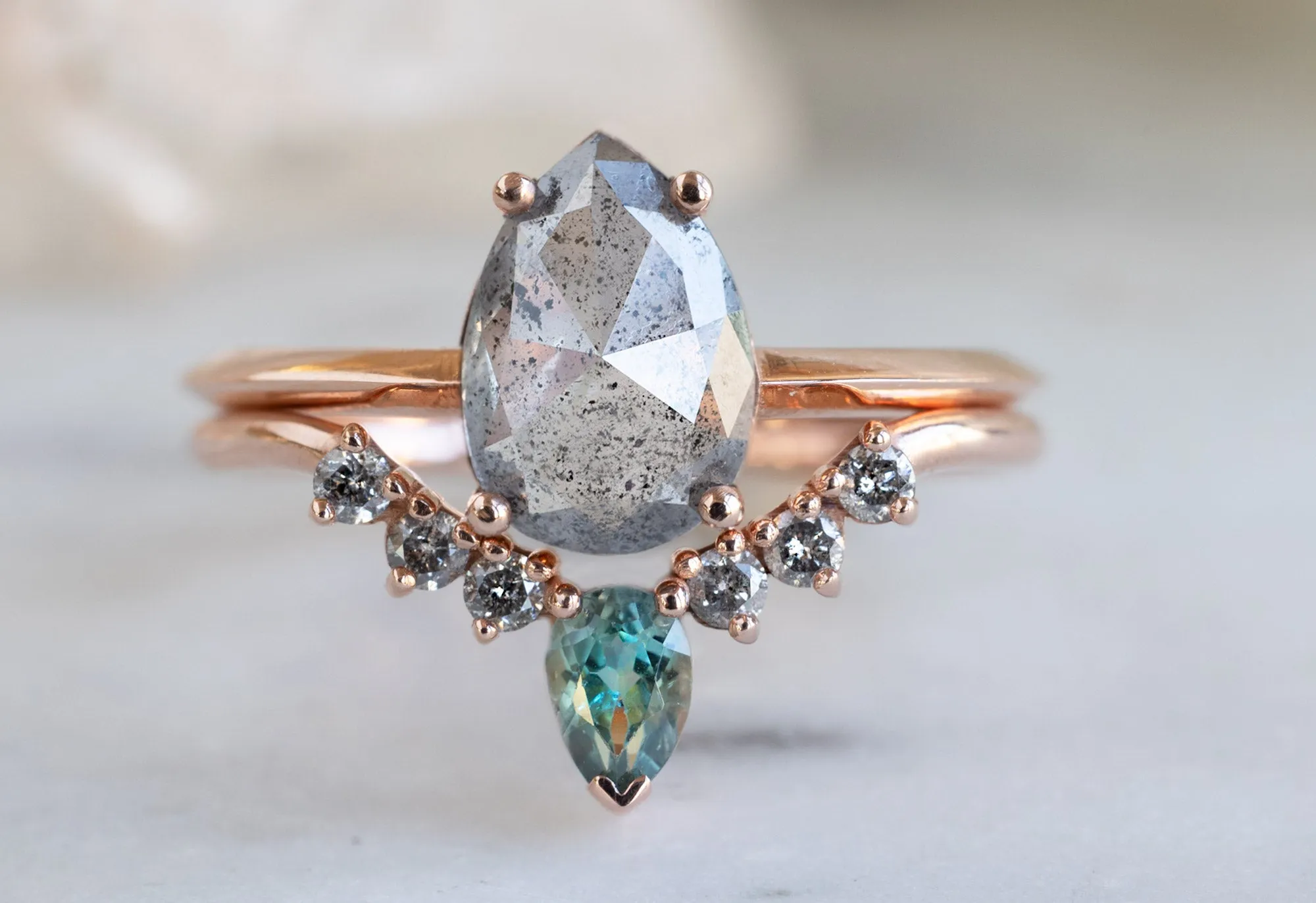 One of a Kind Montana Sapphire   Salt and Pepper Diamond Sunburst Stacking Ring