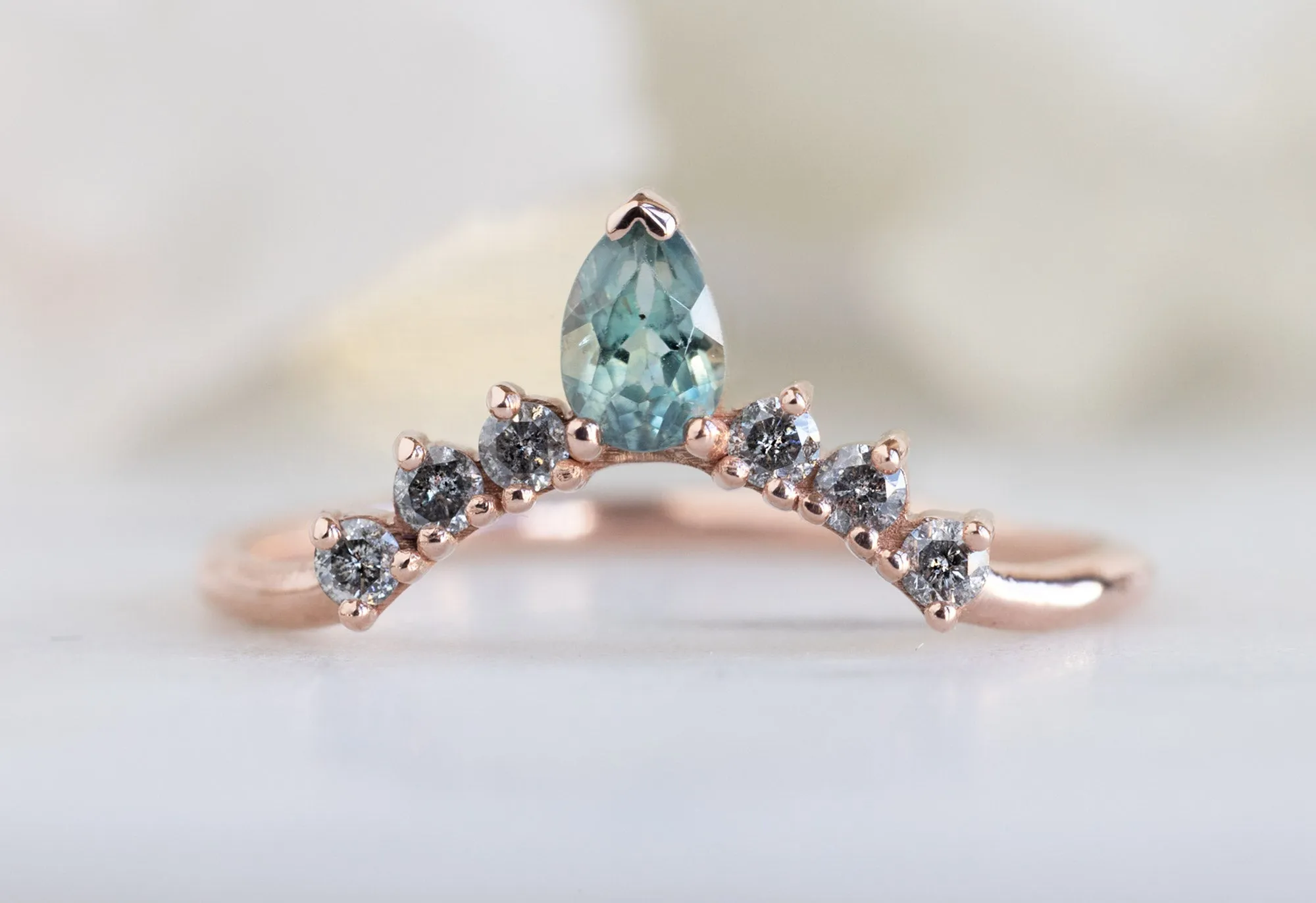 One of a Kind Montana Sapphire   Salt and Pepper Diamond Sunburst Stacking Ring
