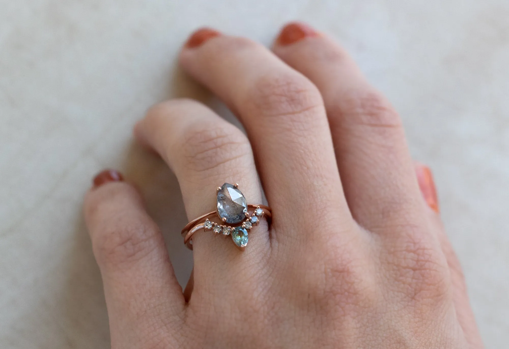 One of a Kind Montana Sapphire   Salt and Pepper Diamond Sunburst Stacking Ring