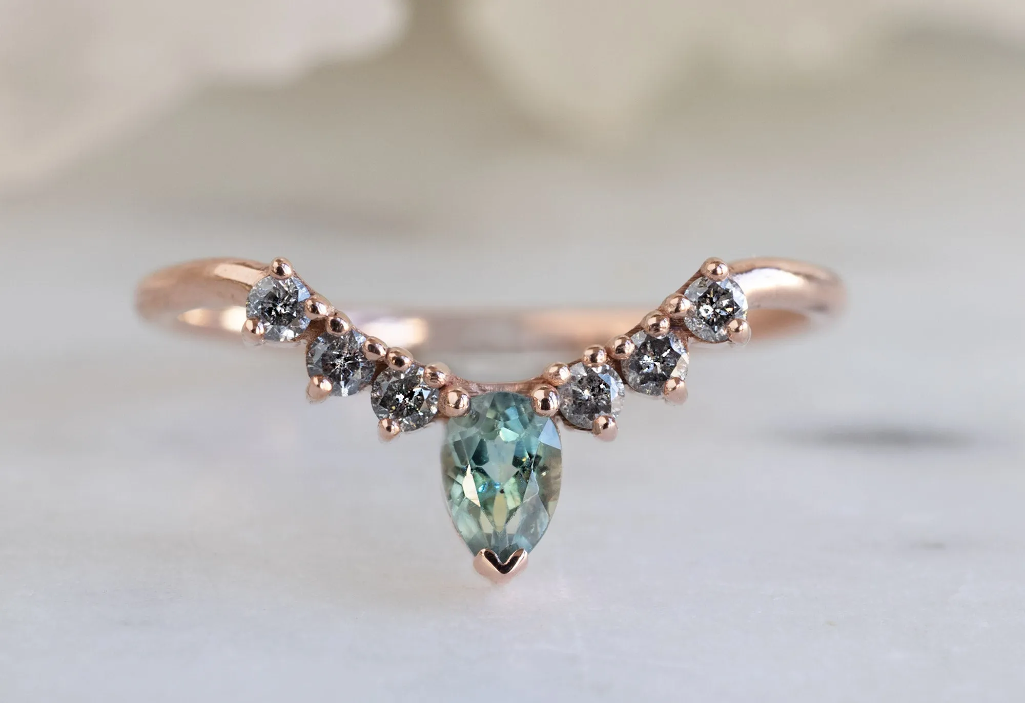 One of a Kind Montana Sapphire   Salt and Pepper Diamond Sunburst Stacking Ring