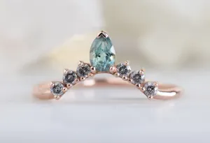 One of a Kind Montana Sapphire   Salt and Pepper Diamond Sunburst Stacking Ring