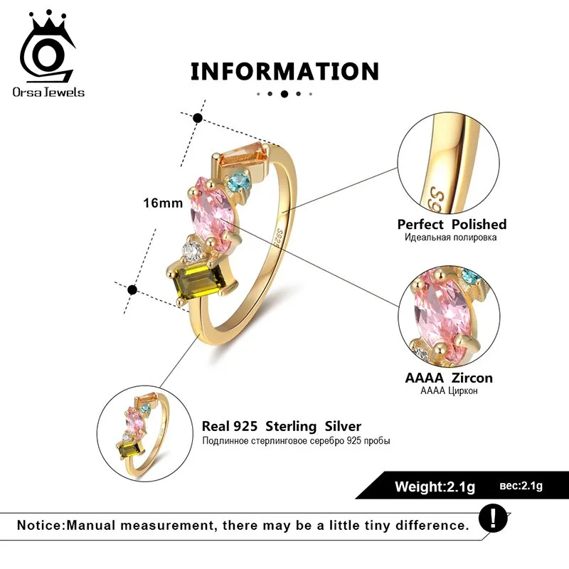 ORSA JEWELS Delicate 925 Silver Wedding Rings for Female with Multi-Color Big Crystal Zircon Jewelry Party Gift Wholesale OSR208