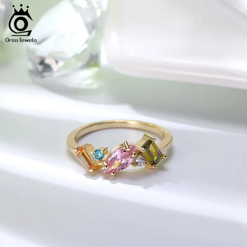 ORSA JEWELS Delicate 925 Silver Wedding Rings for Female with Multi-Color Big Crystal Zircon Jewelry Party Gift Wholesale OSR208