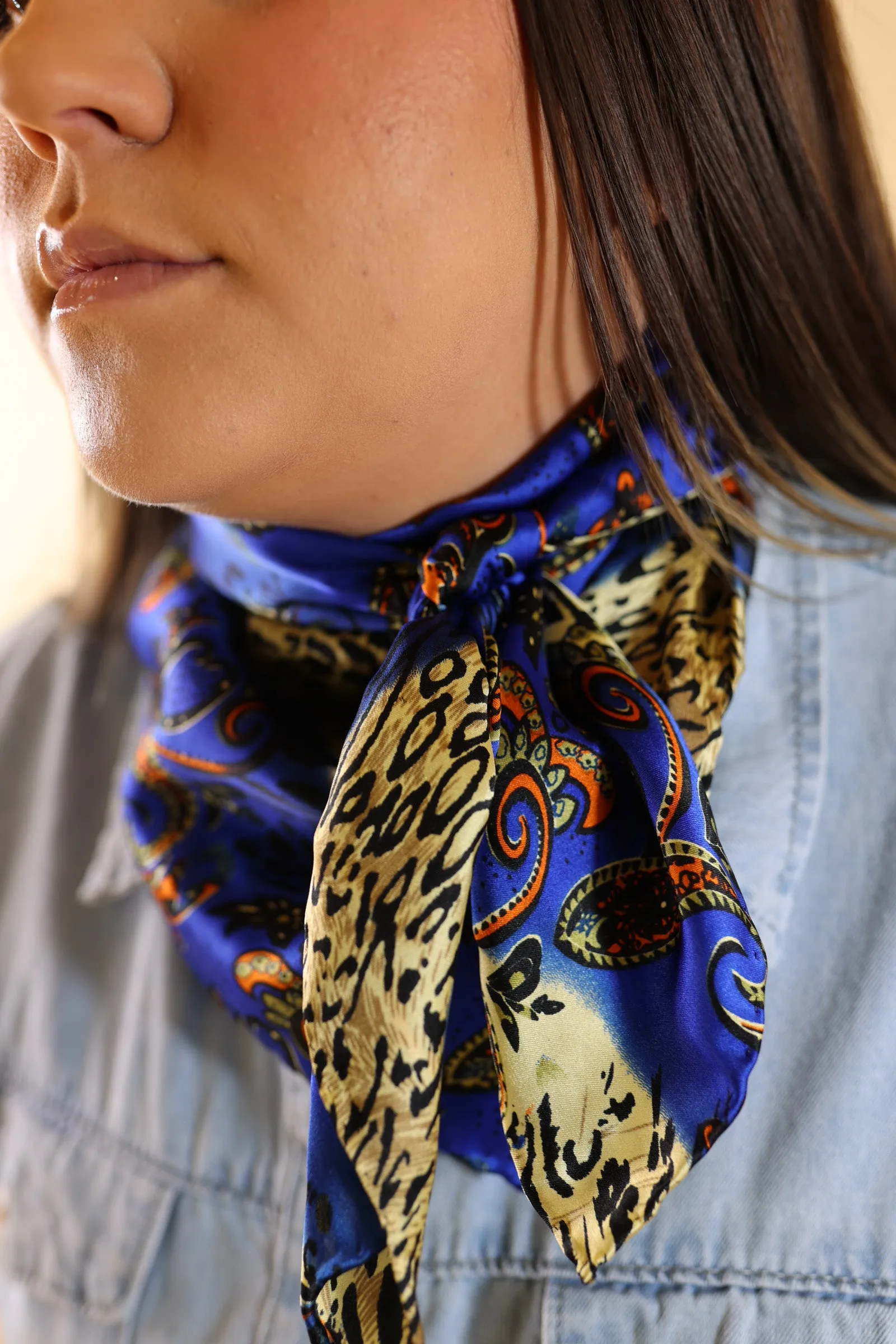 Paisley Peacock Charmeuse Silk Wild Rag in Royal Blue
