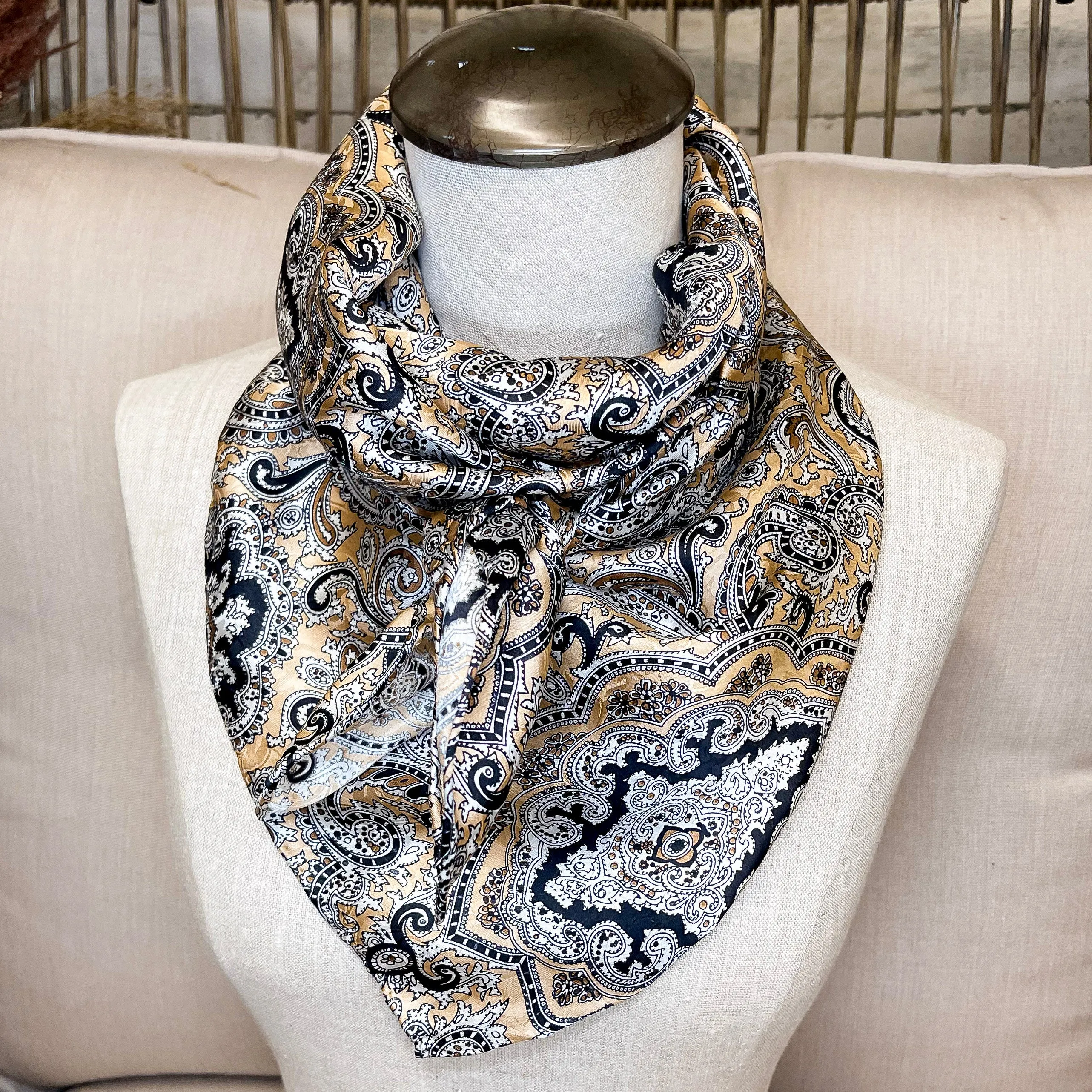Paisley Silk Wild Rag in Tan and Black