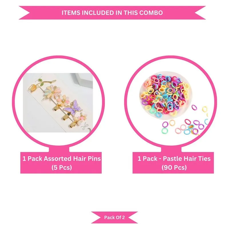 Pastel Mini Hair Ties with Embellised hair Pin and clip set (Pack of 2, Multicolor)