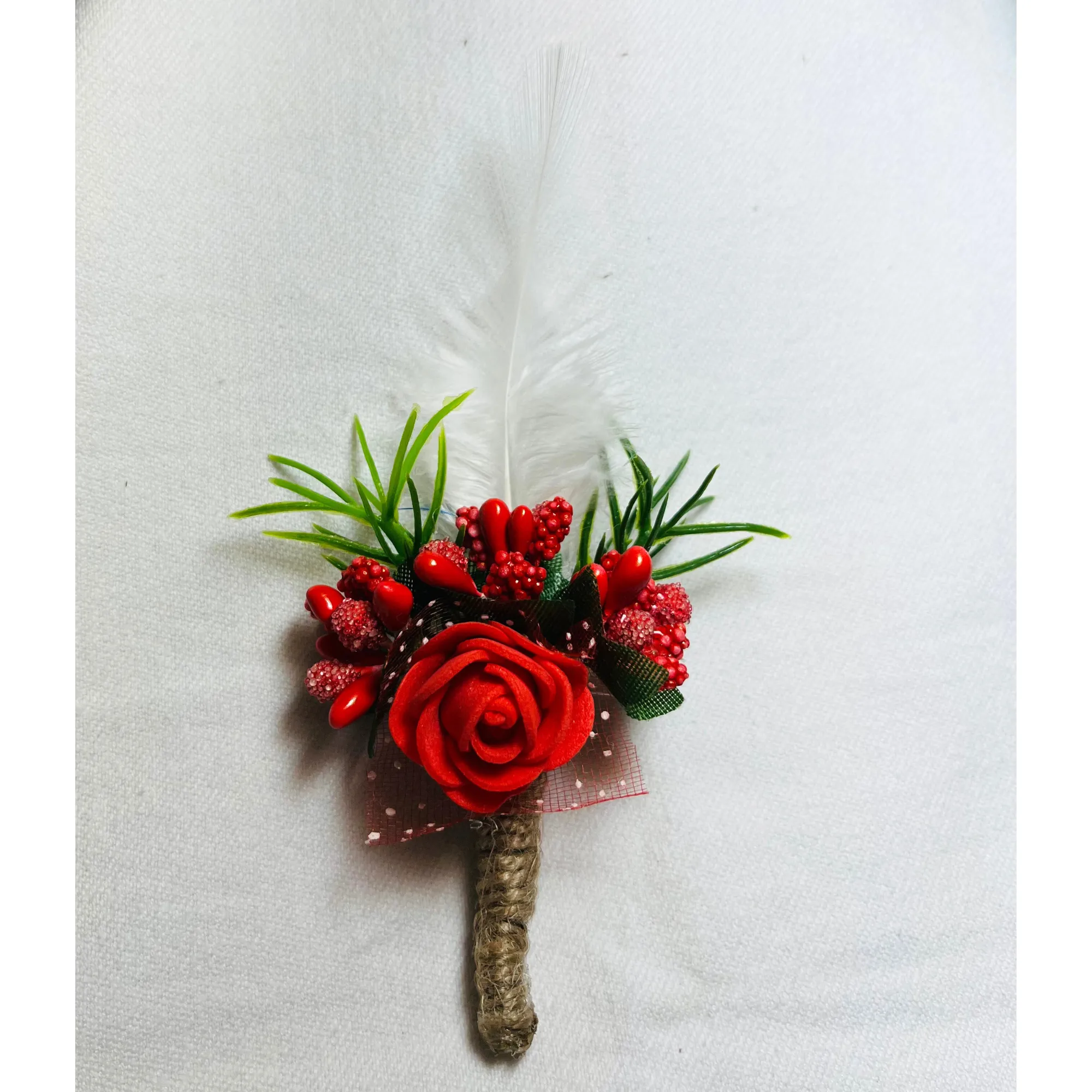 Red & White Faux Feather Flower Brooch